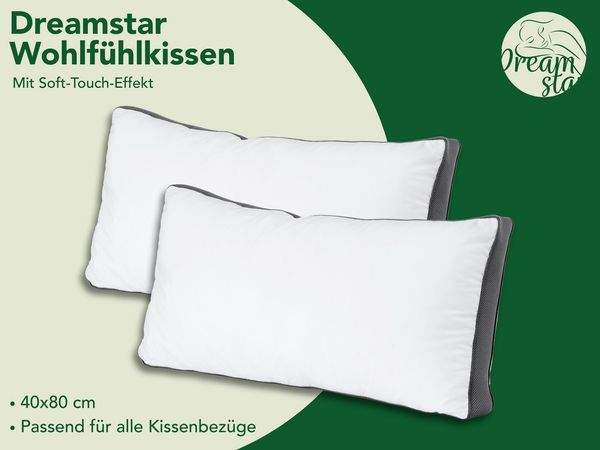 Dreamstar Kopfkissen Wohlfühlkissen, einzeln oder als 2er-Set, stützend und entlastend, Füllung: hochwertige Hohlfaser-Füllung, Bezug: 47% Lyocell, 53% Baumwolle, Seitenschläfer, Rückenschläfer, Bauchschläfer, 1-tlg, atmungsaktives Klimaband, allergike...