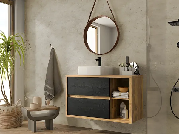 Vente-unique - TIKITIKI Waschbeckenmöbel Holz, Platte Beige - B 45,5 cm x H 60 cm x L 100 cm