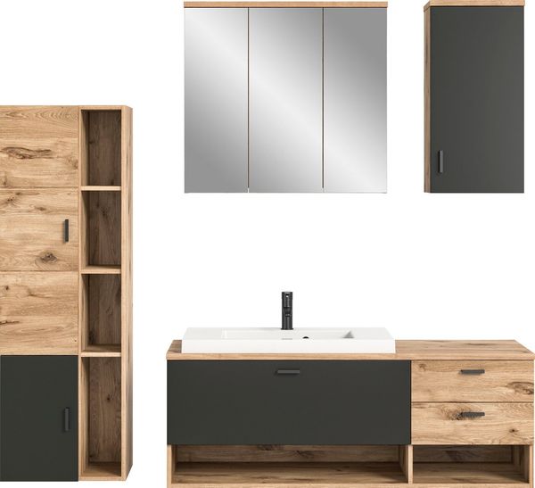 welltime Badmöbel-Set Dolo, 4 teilig, inklusive Mineralguss-Waschbecken, bestehend aus:, (Set, 4-St), Waschtisch inkl. Waschbecken, Hängeschrank,Spiegelschrank, Hochschrank