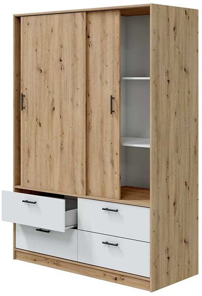 Kleiderschrank >ENZO< 4 Schubladen, 1 Stange, Eiche Dekor / Artik Weiß - 140x200x60 (BxHxT) Bild 3