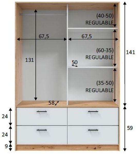 Kleiderschrank >ENZO< 4 Schubladen, 1 Stange, Eiche Dekor / Artik Weiß - 140x200x60 (BxHxT) Bild 4