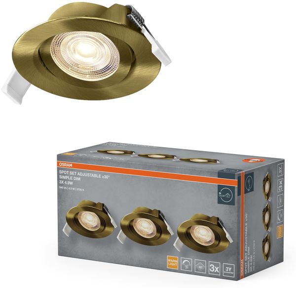 Osram Spot Set LED Einbaustrahler Simple DIM, 4,9W 827 Messing, 3er Set dimmbar Wandschalter, warmweiß 2700K