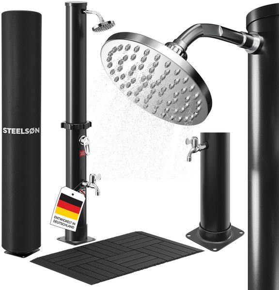 STEELSØN 'Velion' Solardusche 40 Liter, schwarz, warmes Wasser bis 60°C, schwankender Regenduschkopf und Wasserhahn, inkl. Schutzhaube und Kunststoffboden
