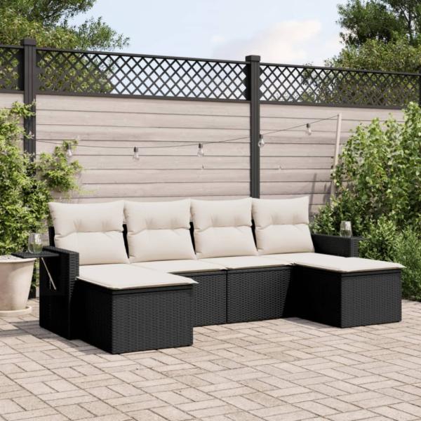 vidaXL 6-tlg. Garten-Sofagarnitur mit Kissen Schwarz Poly Rattan 3220515