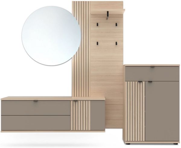 PISA Garderoben-Kombination Set mit LED-Beleuchtung – FSC-Zertifiziert – Modernes Flurmöbel-Set bestehend aus Schuhschrank, Hänge-Schuhschrank, Garderobenpaneel & Spiegel – 229 x 202 x 38 cm (B/H/T)