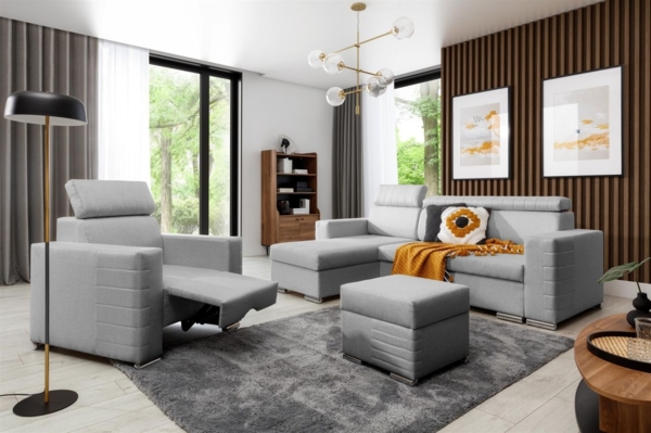 Ecksofa inkl. Hocker und Sessel CANTON Stoff Liverpool Aschgrau Ottomane Links