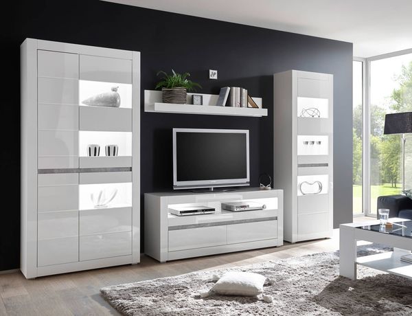 Wohnwand Anbauwand Carat 316cm LED weiß Hochglanz beton grifflos MDF