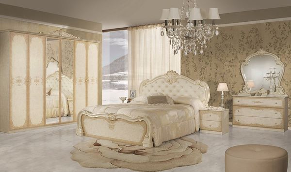 Interdesign24 Schlafzimmer-Set Serafina, (6-Teilig, inkl. Kopfteilpolsterung und Spiegeltüren, im klassischen Barock-Stil), in Hochglanz Beige/Gold