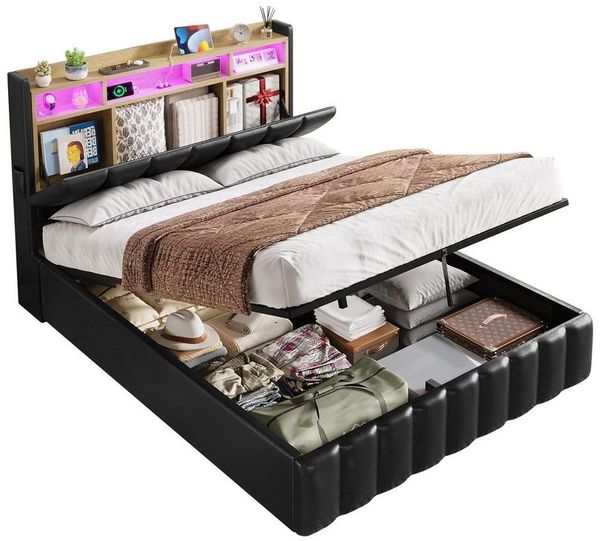 KIMENICH Polsterbett mit LED-Beleuchtung & Ladefunktion, Hydraulikstaubett, Jugendbett (1-tlg, Ohne Matratze), Kopfteil mit offenem Regal und verstecktem Stauraum,140x190 cm