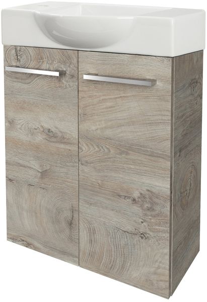 FACKELMANN SBC STANFORD Gäste WC Waschtisch Set 55 cm breit, Braun hell, Waschbecken Keramik Weiß, Hahnloch links