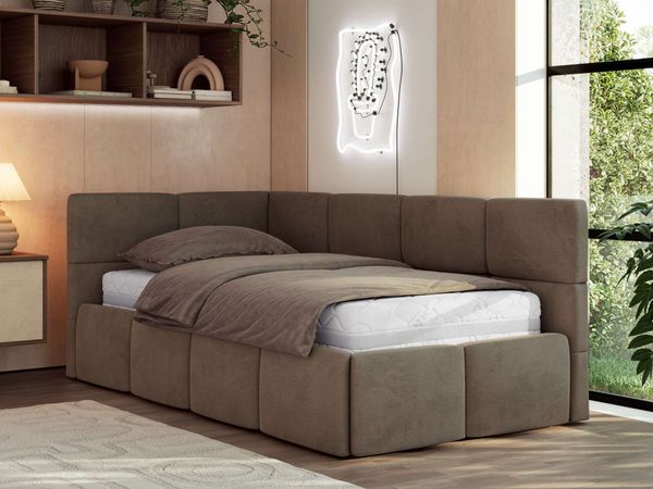 Jugendbett 90x200 ARVO Polsterbett mit Bettkasten, Stauraum & Gasdruckfeder, Modernes Design mit Kopfteil, Foam Matratze - Braun Velvet - MIRO LUX - Links Seite