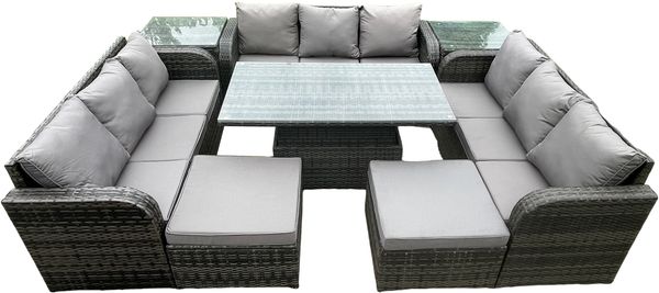 Fimous 11-Sitzer-Garten-Dining-Sets Rattan-Möbel-Lounge-Sofa-Höhenverstellbarer steigender Hubtisch mit 2-Beistelltischen 2-großer Fußhocker Dunkelgrau gemischt