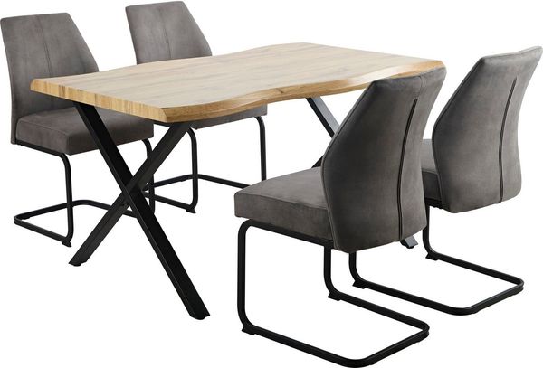 HELA Essgruppe ILLER Tisch 140x90 cm, (Set, 5-tlg), 5tlg, Baumkante 46mm, X-Gestell, Schwingstuhl, Federkorb