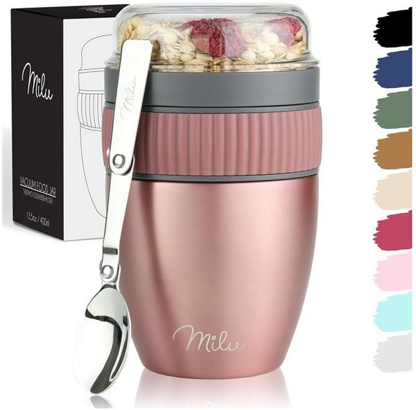 Milu Müslibox Müslibecher to go, 400ml, isolierter Edelstahl Joghurtbecher für Müsli, rosegold