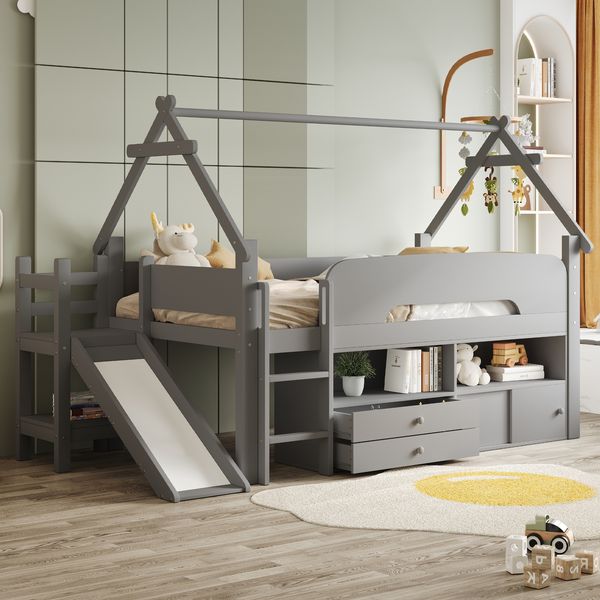 Merax Kinderbett 90 x 200cm, Massivholzbett Einzelbett Hochbett, dachförmigem Rahmen, mit Sicherheitsrutsche, mit Schubladen und Sicherheitsgeländer, Multifunktionsbett Grau