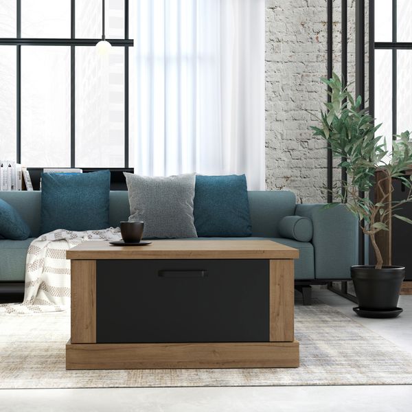 Forte KASZIMIRO Couchtisch 80 90, moderner, quadratischer Sofatisch mit großer Schublade,Wohnzimmer, Holzwerkstoff, Waterford Eiche Holzdekor/Schwarz, 85 cm breit x 43,4 cm hoch x 85 cm tief