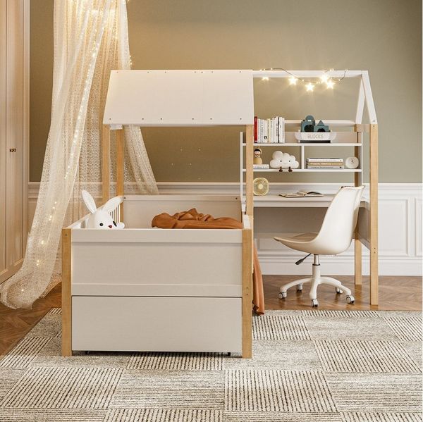 REDOM Kinderbett Funktionsbett,Einzelbett,mit Schreibtisch (Multifunktionales Hausbett,mit Bücherregal und Stauraum L-förmiger Kinderbett mit Rausfallschutz und Lattenrost, Platzsparend für kleine Räume Modernes Design aus Massivholz für Kinderzimmer, ...