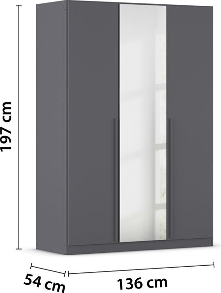 rauch Kleiderschrank Alba, Drehtürenschrank, Garderobenschrank, 3-türig, mit Spiegel, mit 2 Kleiderstangen, 2 Einlegeböden und Schubladeneinsatz, Farbe Grau metallic, Schwarz, Griffstange Grau metallic, Schwarz, 136x197x54cm Bild 4