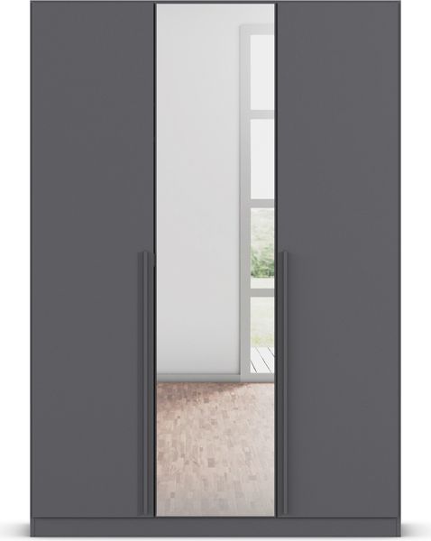 rauch Kleiderschrank Alba, Drehtürenschrank, Garderobenschrank, 3-türig, mit Spiegel, mit 2 Kleiderstangen, 2 Einlegeböden und Schubladeneinsatz, Farbe Grau metallic, Schwarz, Griffstange Grau metallic, Schwarz, 136x197x54cm Bild 2