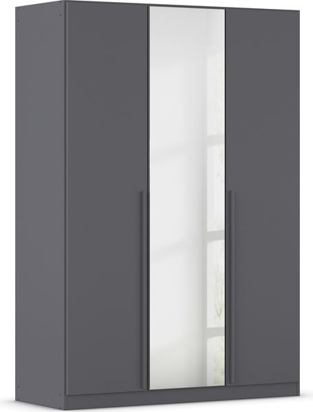 rauch Kleiderschrank Alba, Drehtürenschrank, Garderobenschrank, 3-türig, mit Spiegel, mit 2 Kleiderstangen, 2 Einlegeböden und Schubladeneinsatz, Farbe Grau metallic, Schwarz, Griffstange Grau metallic, Schwarz, 136x197x54cm Bild 3