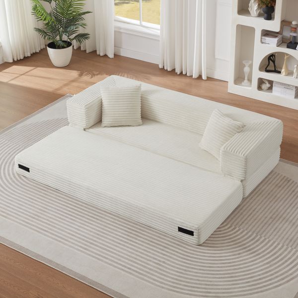 Schlafsofa Weiß aus Schaumstoff mit Cord-Oberfläche, quadratisches Design, zum kleinen Doppelbett umbaubar,60x200x76 cm
