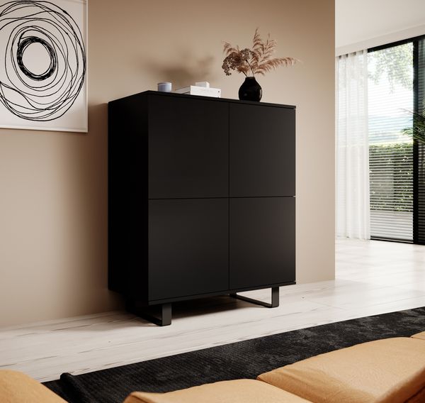 Kommode 4-Türig, Aufbewahrungsschrank, Sideboard, 100 cm, Schwarz, Loft-Design, Masimo, 114 x 40 x 100 cm