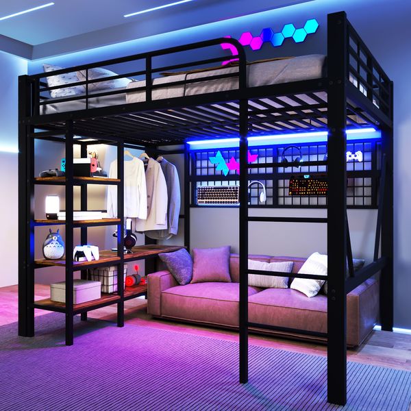 Hochbett, 140 x 200 cm, Eisenrahmen, Ablagefach, Netz zum Aufhängen von Gegenständen, mit Kleiderstange, offener Raum unter dem Bett, mit LED-Lichtleiste, ohne Matratze, Schwarz
