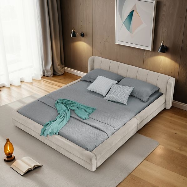 Polsterbett 140×200 cm mit ergonomischem Kopfteil, Chenille in Beige, ohne Matratze