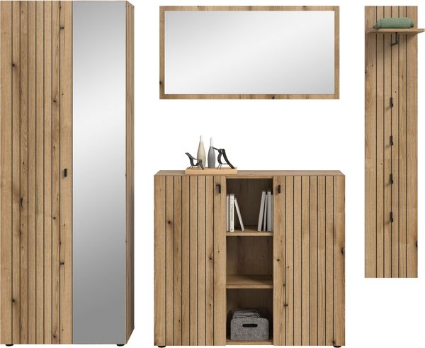 Home affaire Garderoben-Set TATIO, 4-tlg. Garderobenkombination, Breite: 237 cm, Rillenfräsung, (Set, 4-St, 1 Spiegel, 1 Garderobenschrank, 1 Schuhkommode, 1 Garderobenpaneel), Garderobenkombination, Kombi, Flur-Möbel, Schrank, Spiegel, Kommode