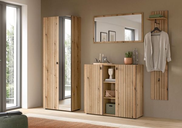 Home affaire Garderoben-Set TATIO, 4-tlg. Garderobenkombination, Breite: 237 cm, Rillenfräsung, (Set, 4-St, 1 Spiegel, 1 Garderobenschrank, 1 Schuhkommode, 1 Garderobenpaneel), Garderobenkombination, Kombi, Flur-Möbel, Schrank, Spiegel, Kommode