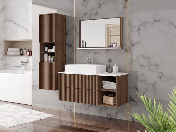 Badmöbel-Set Kormen Rillen II (Farbe: Nuss Warmia / Nuss Warmia Rillen + Marmor Bianco)