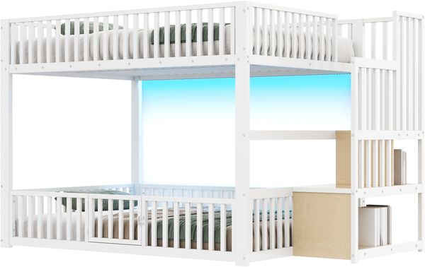 140x200 Etagenbett mit Stauraumleiter, mit LED, Weiß