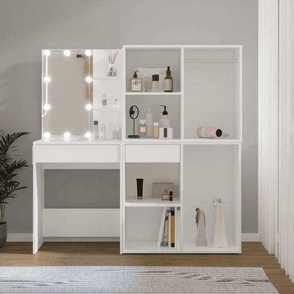 LED-Schminktisch, Frisiertisch mit 2 Schränken Weiß Holzwerkstoff