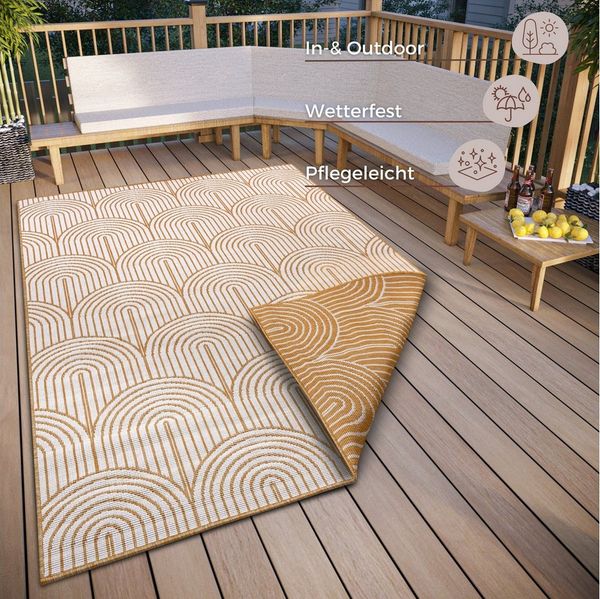 Hanse Home Pangli Outdoor Teppich Wetterfest – Wendeteppich Skandinavischer Boho Style Wasserfest Einfarbig Geometrisch 3D-Effekt für Garten, Balkon, Terrasse, Wohnzimmer – Ocker, 160x230 cm Bild 3