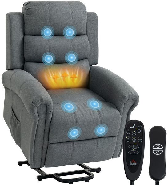 HOMCOM Relaxsessel mit Liegefunktion, Massagefunktion (Massagesessel mit Aufstehhilfe, 1-St, Fernsehsessel), mit Fernbedienung, Seitentasche, Fußteil, Grau
