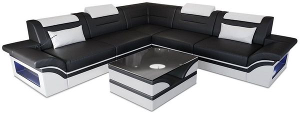 Ecksofa Brianza L Form aus Leder - Ledermix - schwarz-weiß