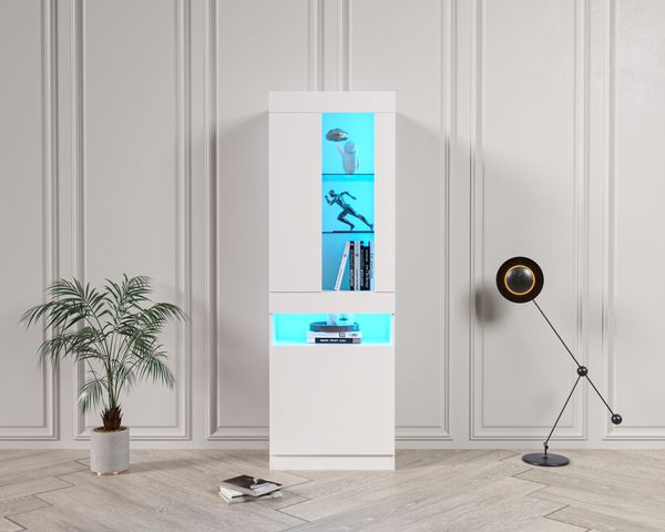 Vitrine, 50x40x180 cm, weiße Vitrine mit Betonoptik, App-LED & Glasböden