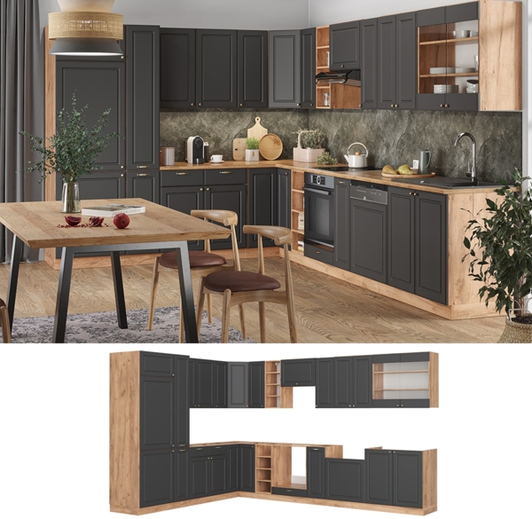 Eckküche Fame-Line Anthrazit Landhaus/Goldkraft Eiche 347 x 60 cm , AP Eiche Vicco Bild 2