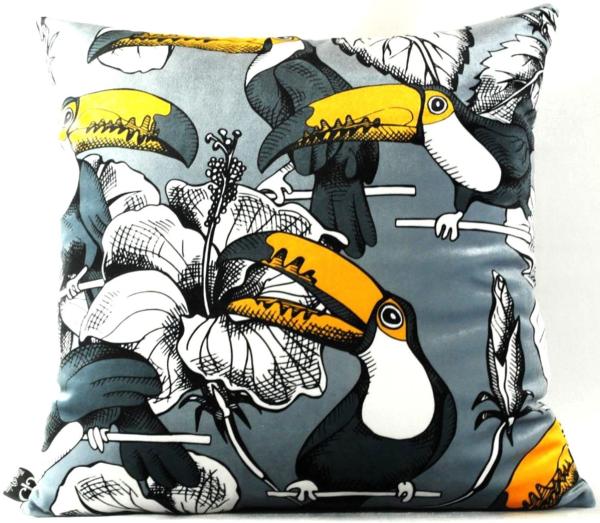 Casa Padrino Luxus Kissen Toronto Parrots Grau / Mehrfarbig 45 x 45 cm - Feinster Samtstoff - Luxus Qualität