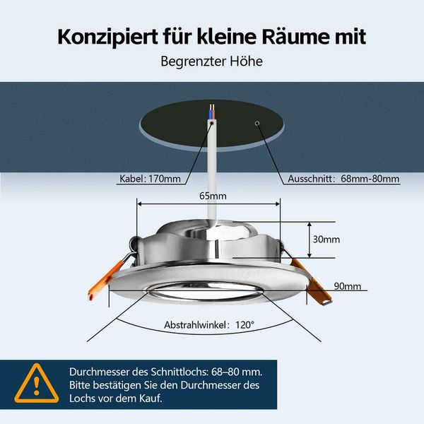 GeyouLux LED Einbaustrahler Dimmbar 68-80mm 4.9W Ultra Flach LED Spots, 45°Schwenkbar, warmweiß, neutralweiß, kaltweiß, Deckenspots, Einbauleuchten Küche Spots Deckenleuchte 6er Set