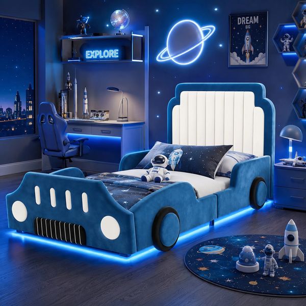 Kinderbett 90x200 cm, Polsterbett, Einzelbett, autoförmiges Design, mit Schutzgeländer, mit LED, samt, blau