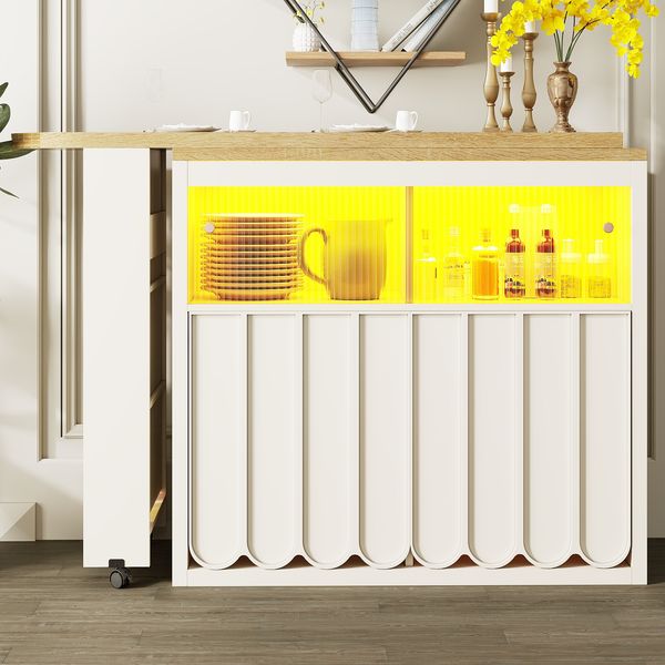 Sideboard 135-205x39x100 cm, mobil mit LED, USB und vielseitigem Stauraum,Weiß