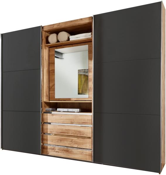 Schwebetürenschrank >MAGIC< in PLANKENEICHE NB + GRAPHIT - 300x236x65cm (BxHxT)