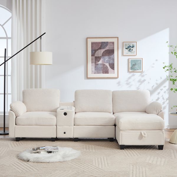 Sofa 266x136x82 cm, Cordstoff Beige, Memory Foam, verschiebbare Mittelkonsole mit USB‑C