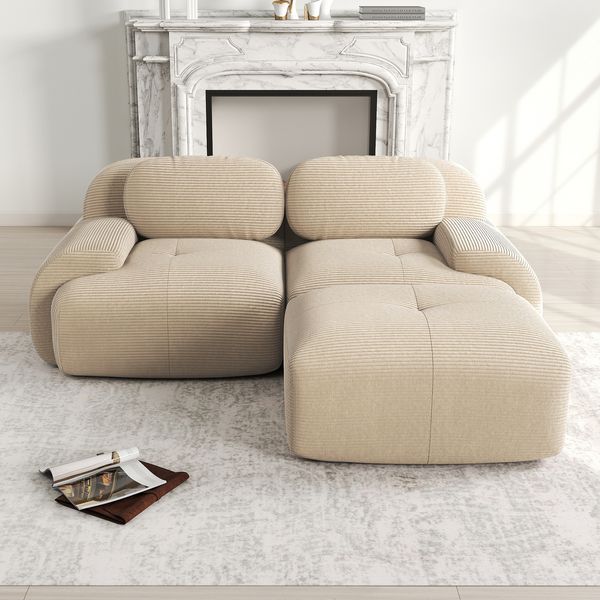 Ecksofa, aus weichem Cordstoff modular kombinierbar mit gebogenen Armlehnen ohne Montage hochelastische Schaumstoffpolsterung für Wohnzimmer Ruhezonen und Schlafzimmer, Cordstoff, Beige