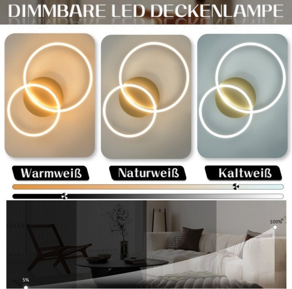 ZMH LED Deckenleuchte Wohnzimmer Modern Gold 2/3/4 Ring Design Deckenlampe Dimmbar, Augenschutz, Einfache Installtion, LED fest integriert, 3000-6500K, 59CM aus Acryl 46W Schlafzimmerlampe mit Fernbedienung Küche Bild 4