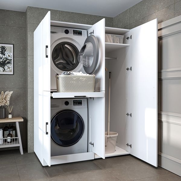 Roomart Waschmaschinenschrank- DORA-I- 130 cm breit – Waschmaschinen- & Trockner-Überbau mit Türen und Ausziehplatte, Bad & Waschküche • Weiß