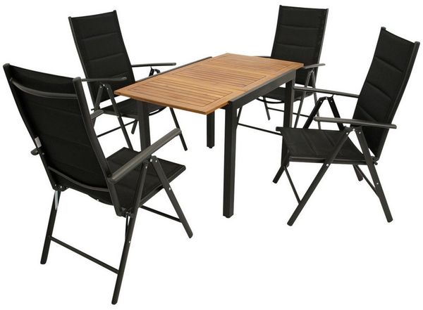 DEGAMO Garten-Essgruppe VICENZA 5-teilig, 4x Klappsessel, 1x Ausziehtisch 80/120x70cm, Alu anthrazit + Akazie