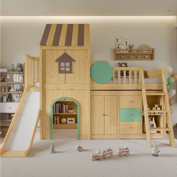 Flieks Hochbett Kinderbett 90x200 cm Hausdesign mit Rutsche & Leiter, Schubladenschrank