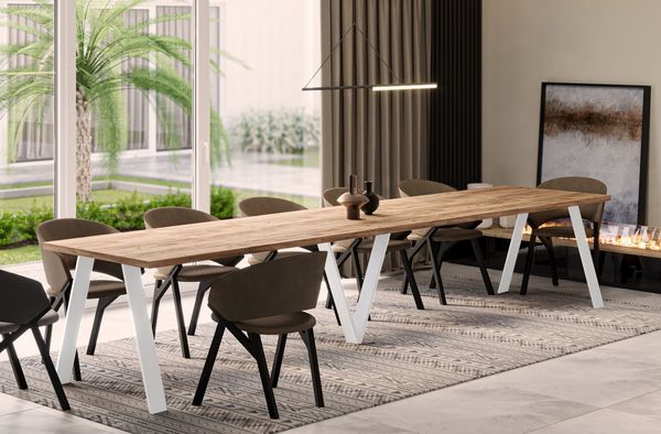 Endo-Moebel Esstisch Lungo White XXL 130-405 cm, Metallgestell in Weiss, ausziehbar, erweiterbar, riesiger Kulissentisch, 4m, extra lang und groß, stabil